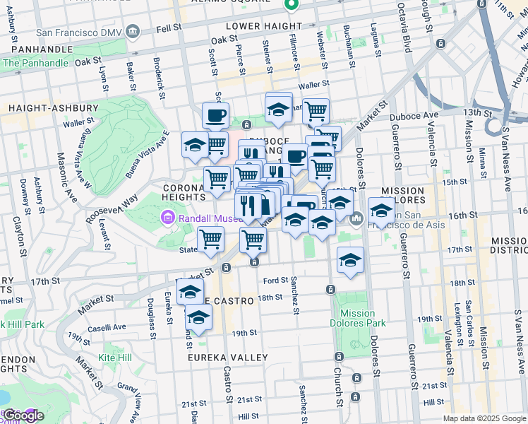 map of restaurants, bars, coffee shops, grocery stores, and more near 200-204 Noe Street in San Francisco