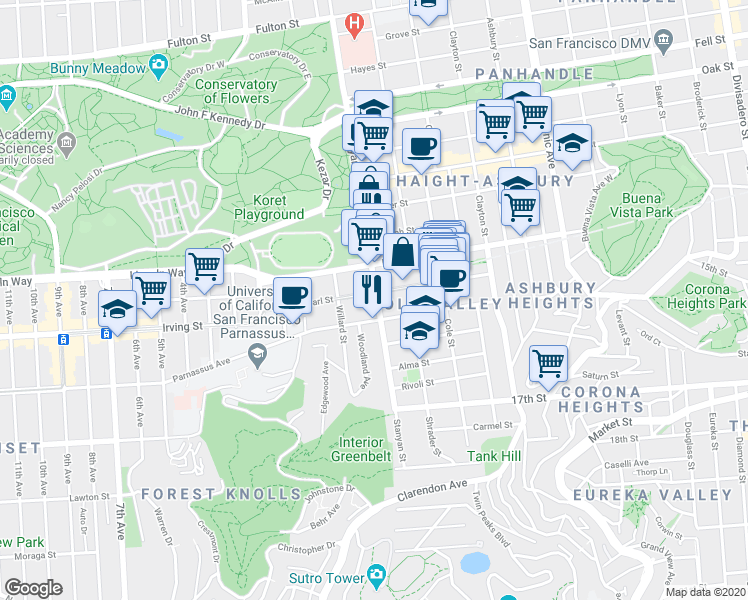 map of restaurants, bars, coffee shops, grocery stores, and more near 9600 Stanyan Street in San Francisco