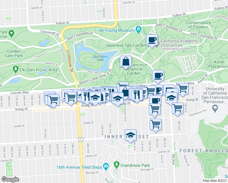 map of restaurants, bars, coffee shops, grocery stores, and more near 1301 Lincoln Way in San Francisco