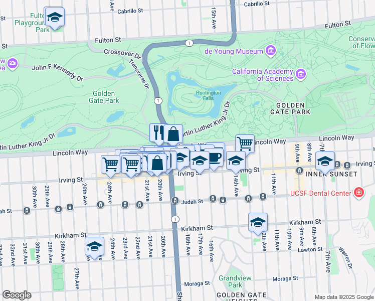 map of restaurants, bars, coffee shops, grocery stores, and more near 1717 Lincoln Way in San Francisco
