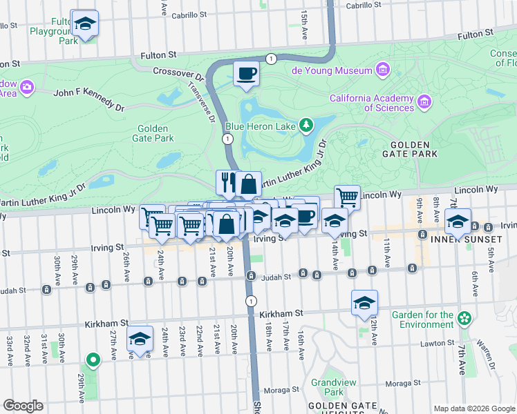 map of restaurants, bars, coffee shops, grocery stores, and more near 1717 Lincoln Way in San Francisco