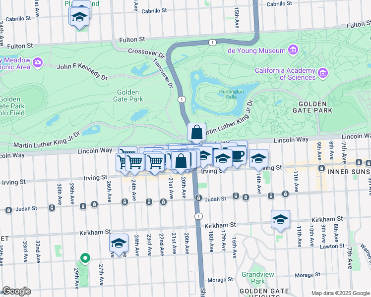 map of restaurants, bars, coffee shops, grocery stores, and more near 1849 Lincoln Way in San Francisco