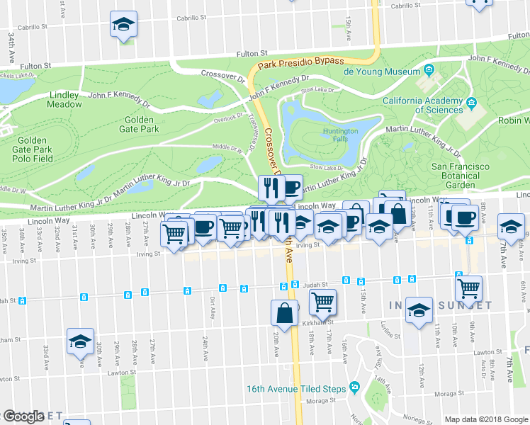 map of restaurants, bars, coffee shops, grocery stores, and more near 1849 Lincoln Way in San Francisco