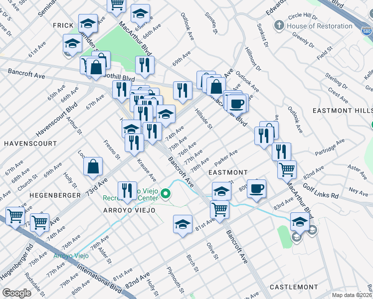 map of restaurants, bars, coffee shops, grocery stores, and more near Garfield Avenue in Oakland