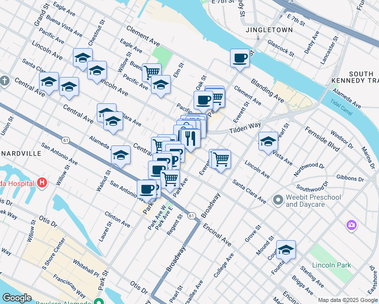 map of restaurants, bars, coffee shops, grocery stores, and more near 2414 Webb Avenue in Alameda