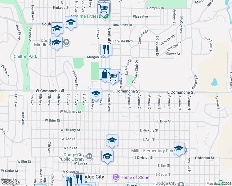 map of restaurants, bars, coffee shops, grocery stores, and more near 1711 Avenue A in Dodge City