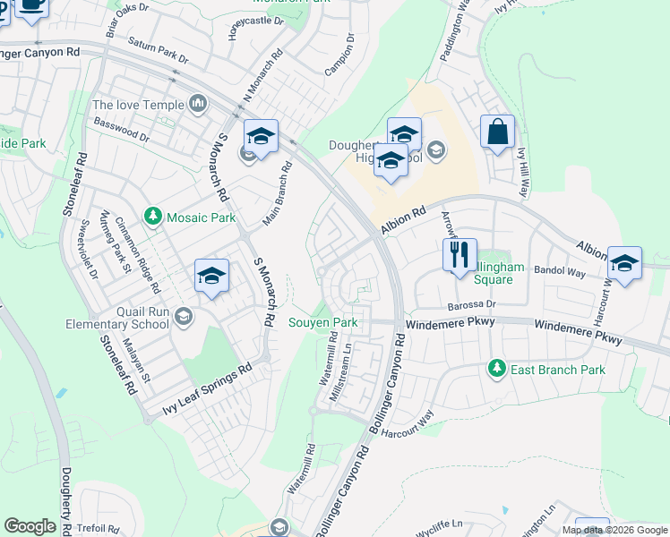 map of restaurants, bars, coffee shops, grocery stores, and more near 10035 Albion Road in San Ramon