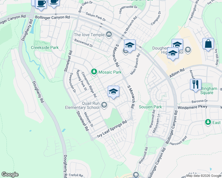 map of restaurants, bars, coffee shops, grocery stores, and more near 6207 Main Branch Road in San Ramon