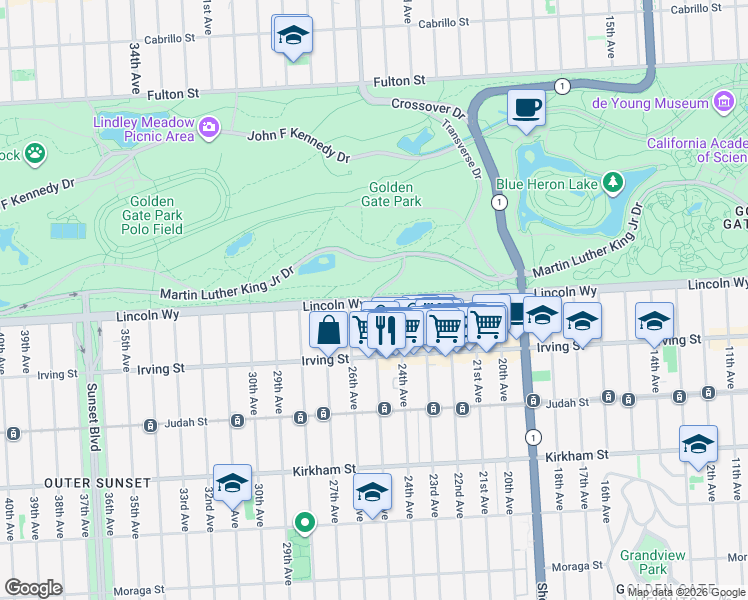 map of restaurants, bars, coffee shops, grocery stores, and more near Lincoln Way & 25th Avenue in San Francisco