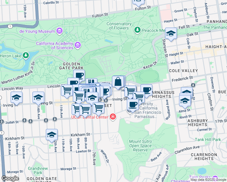 map of restaurants, bars, coffee shops, grocery stores, and more near 4th Avenue & Hugo Street in San Francisco