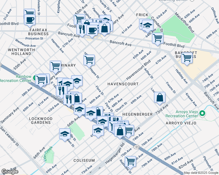 map of restaurants, bars, coffee shops, grocery stores, and more near 2206 66th Avenue in Oakland