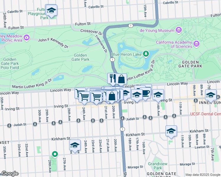 map of restaurants, bars, coffee shops, grocery stores, and more near 1849 Lincoln Way in San Francisco