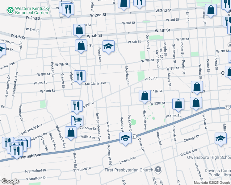 map of restaurants, bars, coffee shops, grocery stores, and more near 1548 Cs-1022 in Owensboro