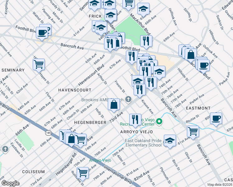 map of restaurants, bars, coffee shops, grocery stores, and more near 7007 Fresno Street in Oakland