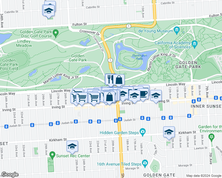 map of restaurants, bars, coffee shops, grocery stores, and more near 1849 Lincoln Way in San Francisco