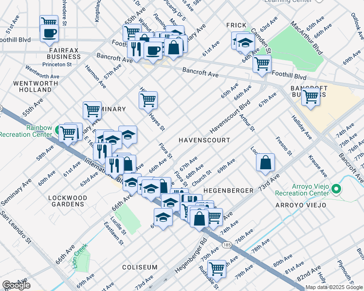 map of restaurants, bars, coffee shops, grocery stores, and more near 2206 66th Avenue in Oakland