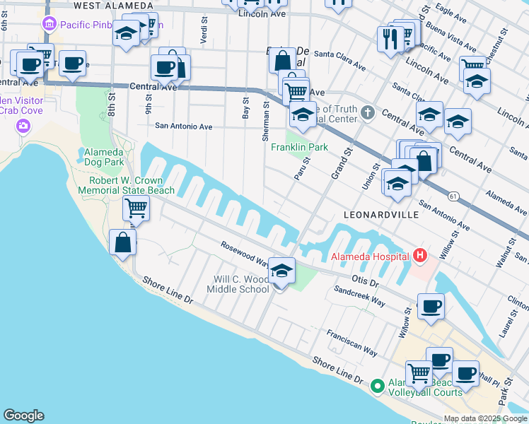map of restaurants, bars, coffee shops, grocery stores, and more near 1000 Sherman Street in Alameda