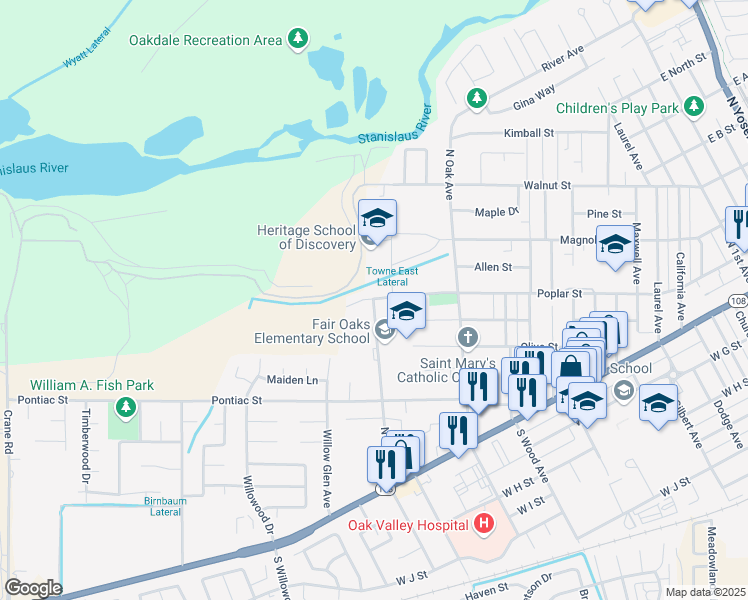 map of restaurants, bars, coffee shops, grocery stores, and more near 151 North Lee Avenue in Oakdale