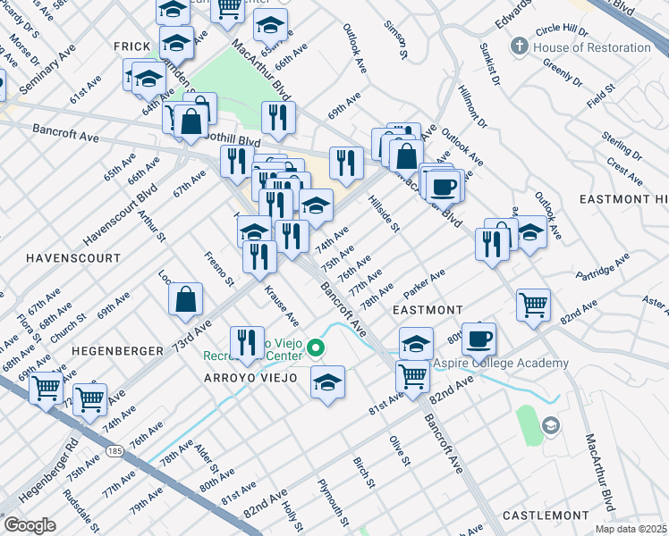 map of restaurants, bars, coffee shops, grocery stores, and more near 2522 75th Avenue in Oakland