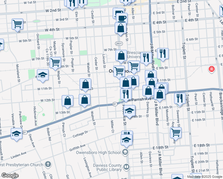 map of restaurants, bars, coffee shops, grocery stores, and more near 400 West 11th Street in Owensboro