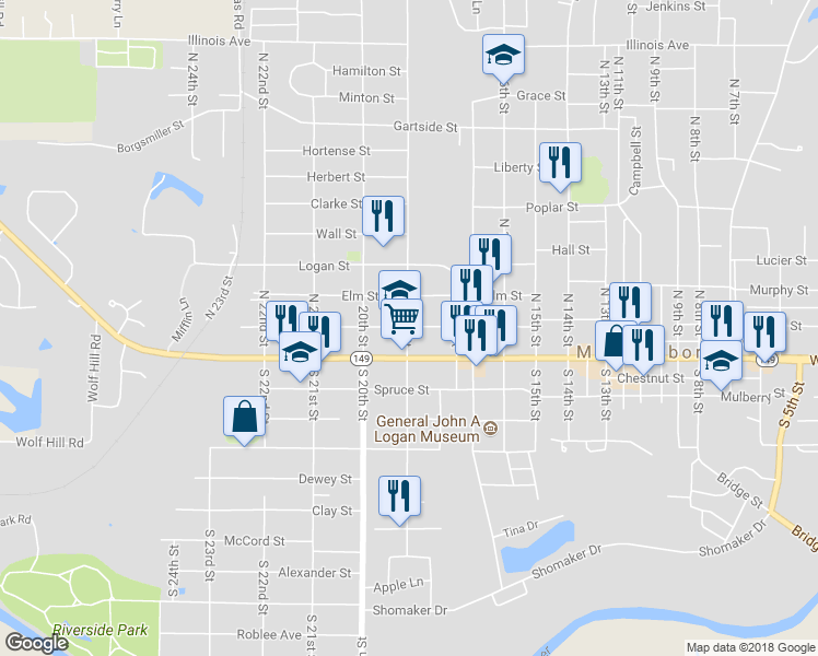 map of restaurants, bars, coffee shops, grocery stores, and more near 1899 Pine Street in Murphysboro