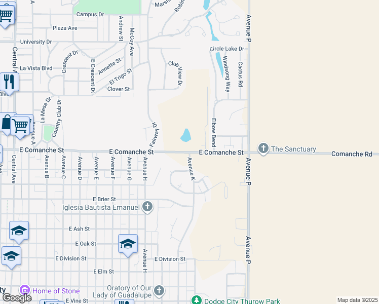 map of restaurants, bars, coffee shops, grocery stores, and more near 1158 East Comanche Street in Dodge City