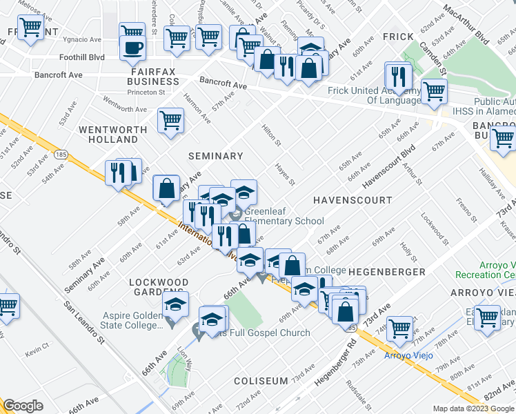 map of restaurants, bars, coffee shops, grocery stores, and more near 6250 Bromley Avenue in Oakland