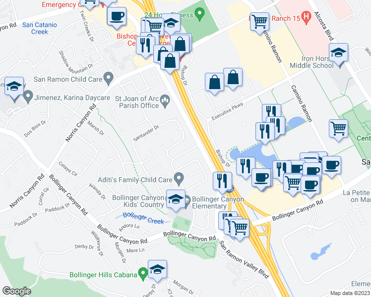 map of restaurants, bars, coffee shops, grocery stores, and more near 2478 Talavera Drive in San Ramon