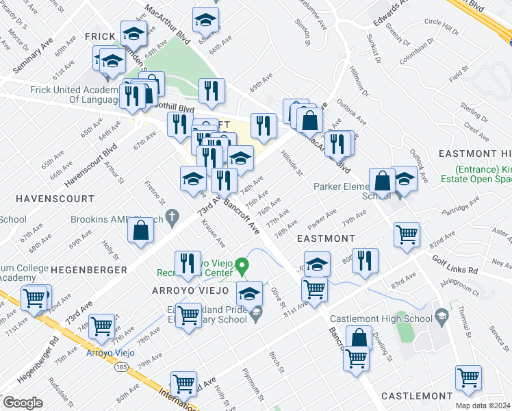 map of restaurants, bars, coffee shops, grocery stores, and more near 2526 75th Avenue in Oakland