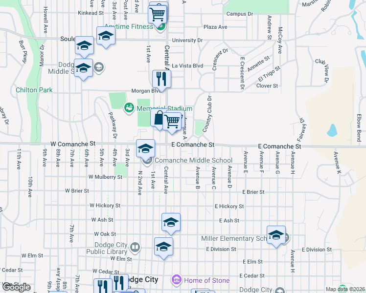 map of restaurants, bars, coffee shops, grocery stores, and more near 1716 Avenue A in Dodge City