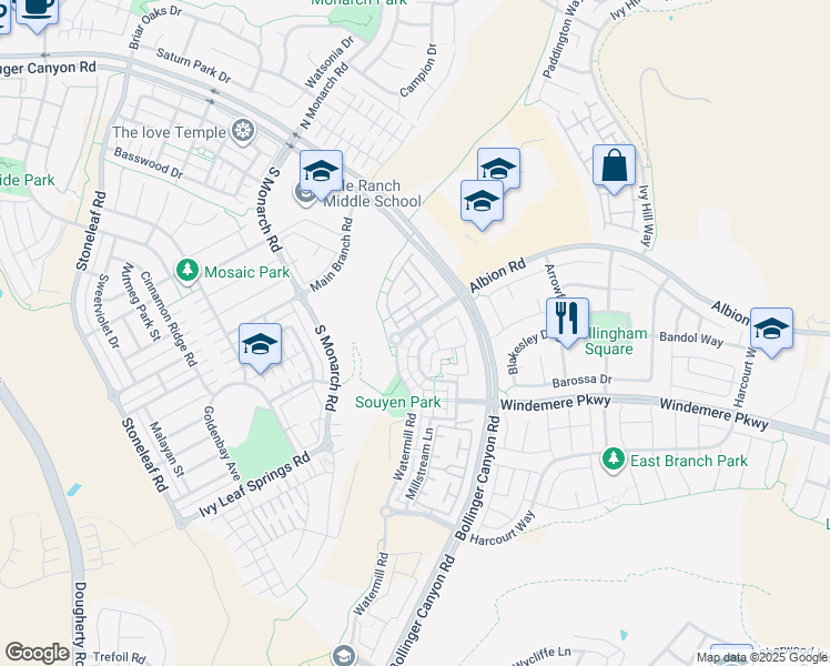 map of restaurants, bars, coffee shops, grocery stores, and more near 10035 Albion Road in San Ramon