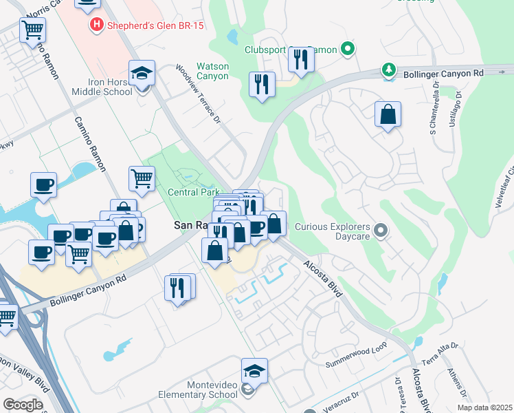 map of restaurants, bars, coffee shops, grocery stores, and more near 510 Canyon Woods Circle in San Ramon