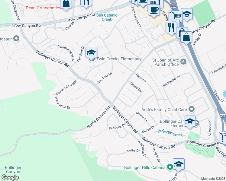 map of restaurants, bars, coffee shops, grocery stores, and more near 3686 Norris Canyon Road in San Ramon