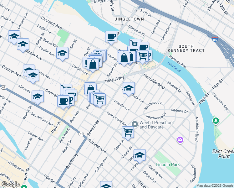 map of restaurants, bars, coffee shops, grocery stores, and more near 1628 Broadway in Alameda