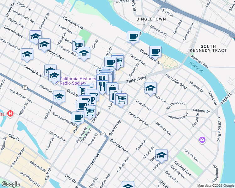 map of restaurants, bars, coffee shops, grocery stores, and more near 1537 Everett Street in Alameda
