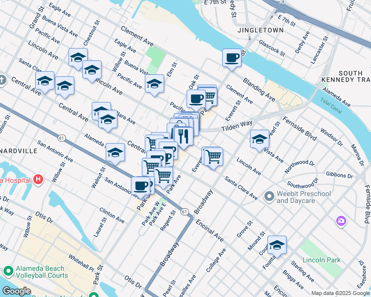 map of restaurants, bars, coffee shops, grocery stores, and more near 2414 Webb Avenue in Alameda