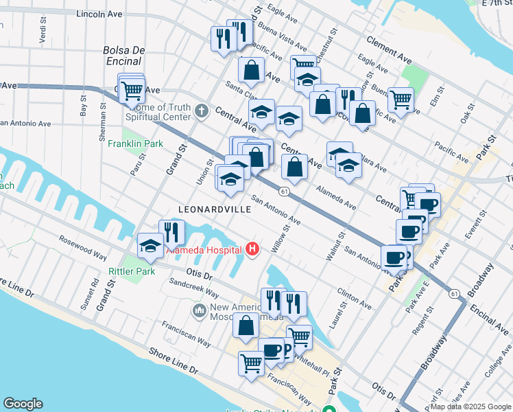 map of restaurants, bars, coffee shops, grocery stores, and more near 2000 San Antonio Avenue in Alameda