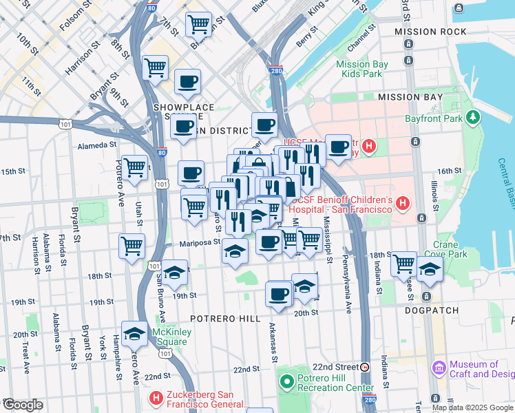 map of restaurants, bars, coffee shops, grocery stores, and more near 75 Arkansas Street in San Francisco