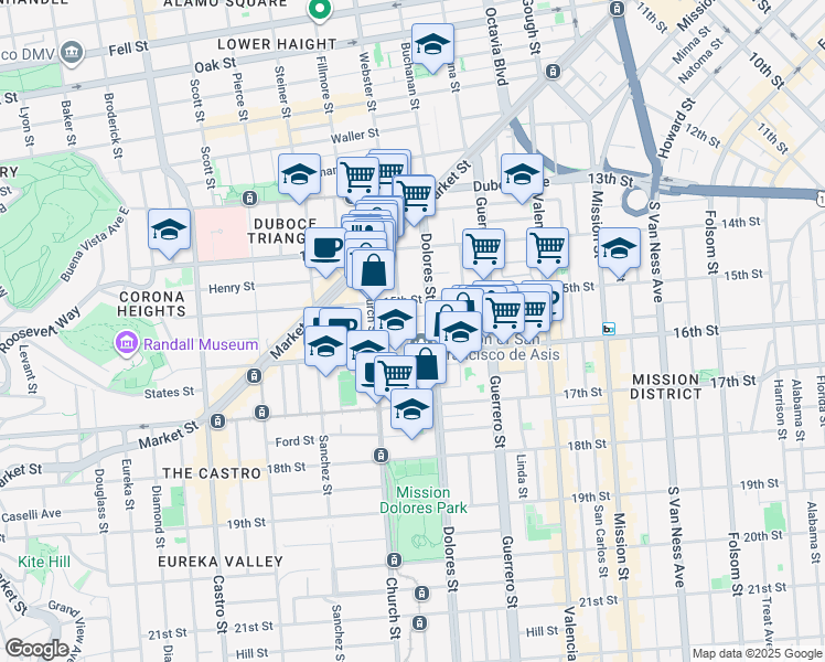 map of restaurants, bars, coffee shops, grocery stores, and more near 240 Dolores Street in San Francisco