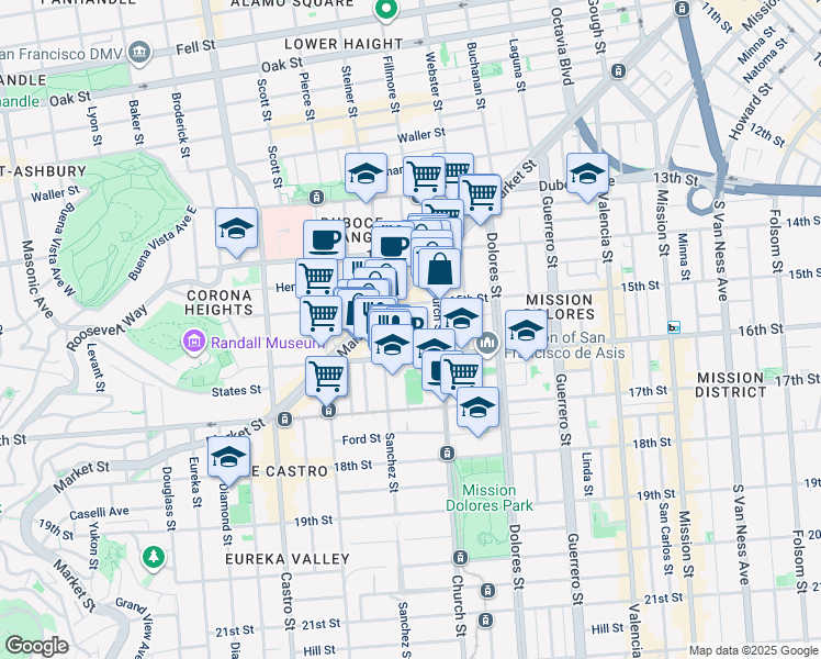 map of restaurants, bars, coffee shops, grocery stores, and more near 30 Sharon Street in San Francisco