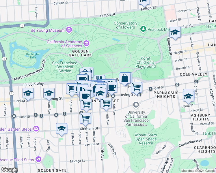 map of restaurants, bars, coffee shops, grocery stores, and more near 1234 6th Avenue in San Francisco