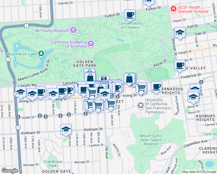 map of restaurants, bars, coffee shops, grocery stores, and more near 1234 6th Avenue in San Francisco