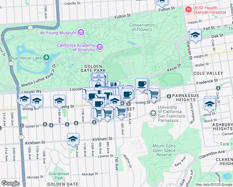 map of restaurants, bars, coffee shops, grocery stores, and more near 1221 7th Avenue in San Francisco