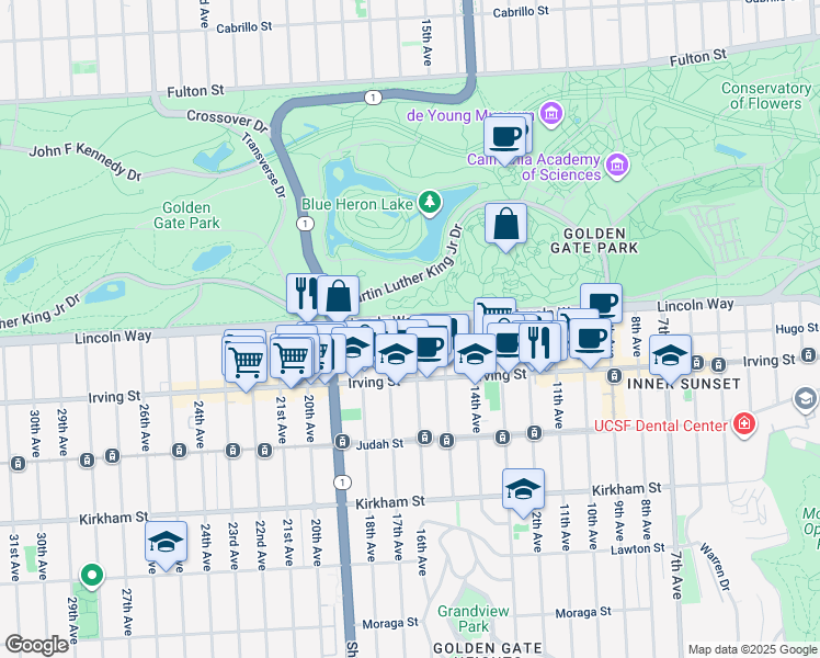 map of restaurants, bars, coffee shops, grocery stores, and more near 1431 Lincoln Way in San Francisco