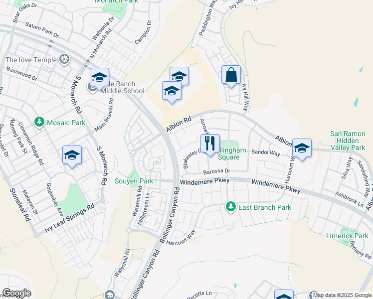 map of restaurants, bars, coffee shops, grocery stores, and more near 1489 Allanmere Drive in San Ramon