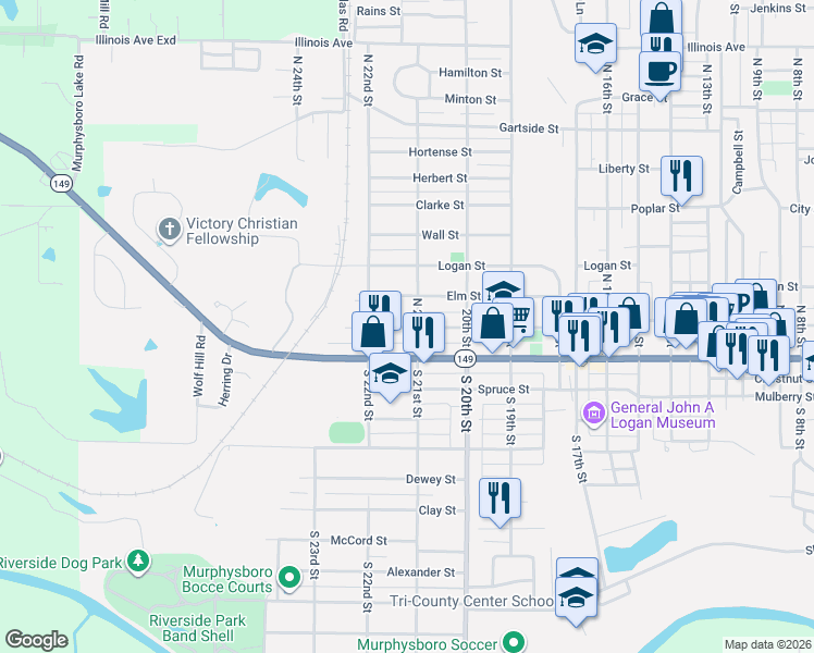 map of restaurants, bars, coffee shops, grocery stores, and more near 2120 Pine Street in Murphysboro
