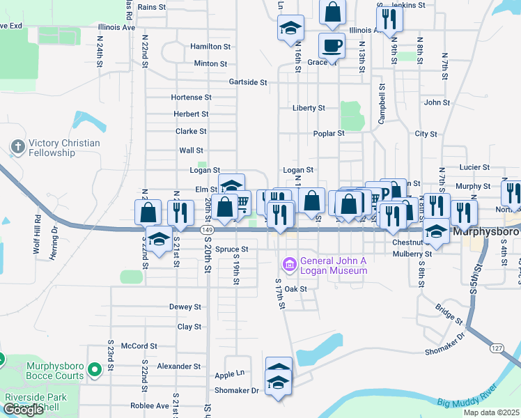 map of restaurants, bars, coffee shops, grocery stores, and more near 1812 Pine Street in Murphysboro