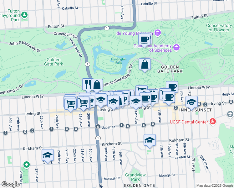 map of restaurants, bars, coffee shops, grocery stores, and more near 1431 Lincoln Way in San Francisco