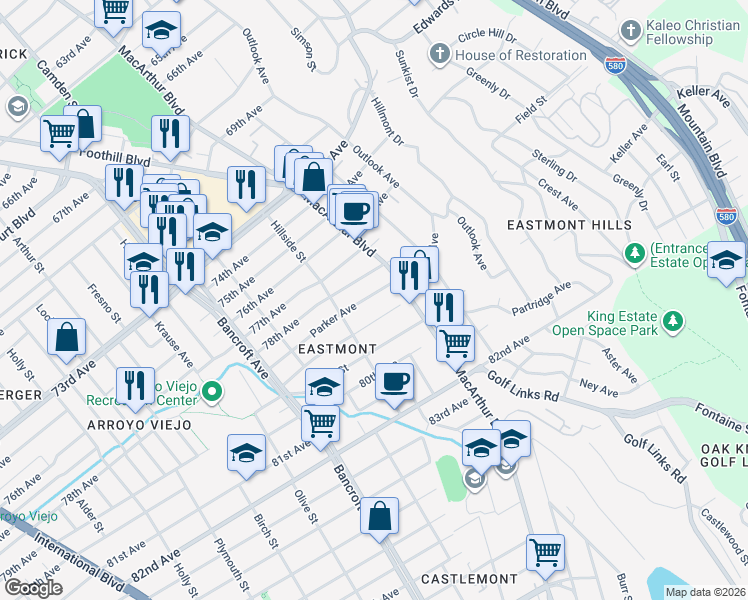 map of restaurants, bars, coffee shops, grocery stores, and more near 2742 Parker Avenue in Oakland