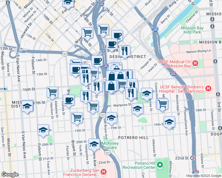 map of restaurants, bars, coffee shops, grocery stores, and more near 325 Vermont Street in San Francisco